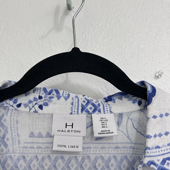 H by Halston 100% Linen Tunic Shirt Blouse Bright White Blue Artsy Floral Sz L - Picture 8 of 11
